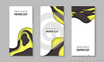 Vector vertical flyers with yellow black color paper cut shapes. 3D abstract paper style, design layout for business presentations Vector Illustration