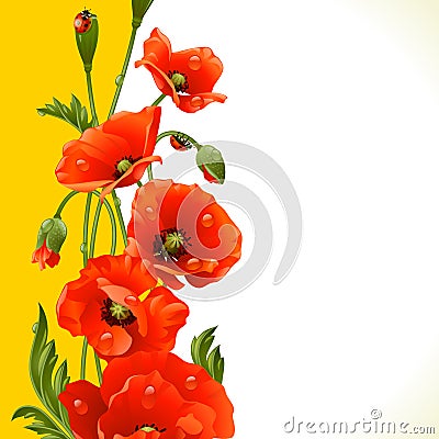 Vector vertical frame with poppies and ladybugs Vector Illustration
