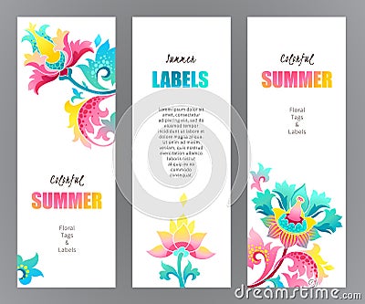 Vector vertical labels with exotic flowers. Cartoon Illustration