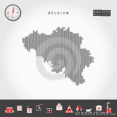 Vector Vertical Lines Map of Belgium. Striped Silhouette of Belgium. Realistic Compass. Business Icons Vector Illustration