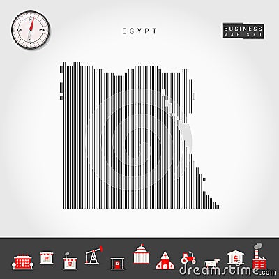 Vector Vertical Lines Map of Egypt. Striped Silhouette of Egypt. Realistic Compass. Business Icons Vector Illustration