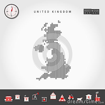 Vector Vertical Lines Map of United Kingdom. Striped Silhouette of Great Britain. Realistic Compass. Business Icons Vector Illustration