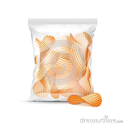 Vector Vertical Sealed Transparent Plastic Bag Full of Potato Crispy Chips Vector Illustration