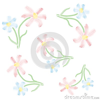 Vector very bright watercolor floral pattern white background - blue and pink flowers Vector Illustration