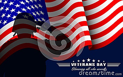 Vector Veterans Day background with saluting soldier, US national flag and lettering. Template for Veterans Day. Vector Illustration