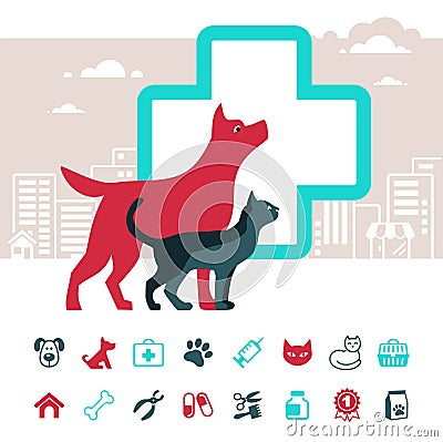 Vector veterinary emblem and pets icon set Vector Illustration