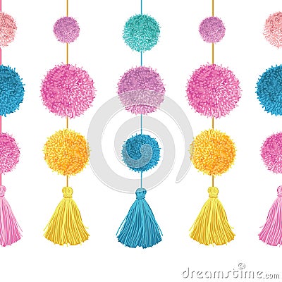 Vector Vibrant Colorful Birthday Party Pom Poms and Tassels Set On Strings Horizontal Seamless Repeat Border Pattern Vector Illustration