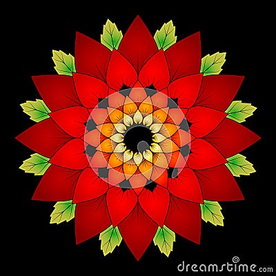 Vector vibrant red colored natural mandala on black background - adult coloring book page Vector Illustration