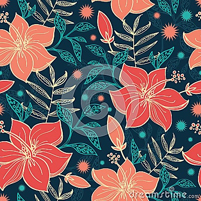 Vector Vibrant Tropical Hibiscus Flowers Seamless Vector Illustration