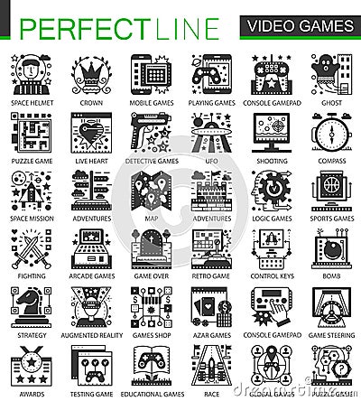 Vector Video games classic black mini concept icons and infographic symbols set. Vector Illustration