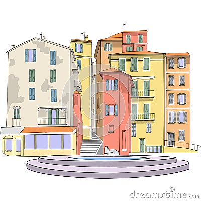 Vector. Colorful medieval houses in the historical part of Menton. Vector Illustration