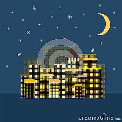 vector view of a night city with windows and tall buildings houses Vector Illustration