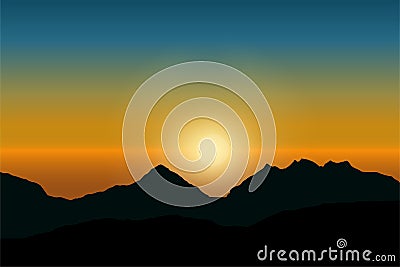 Vector view of sunrise on dramatic blue-green sky over mountain landscape Vector Illustration