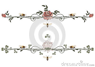 Vector vignette with rose, clover and bee Vector Illustration