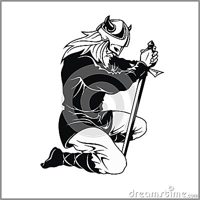 Vector Viking warrior with sword Cartoon Illustration. Barbarian bowed his knee. Vector Illustration