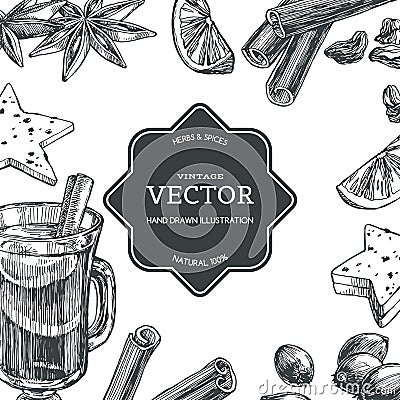 Vector vintage background with mulled wine in cup and ingredients for it isolated on white. Hand drawn texture with traditional Vector Illustration