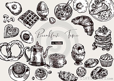 Vector vintage breakfast objects, food top view Cartoon Illustration