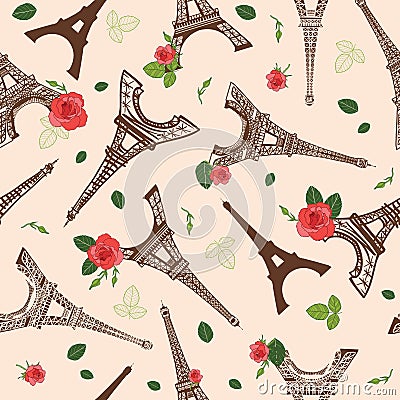 Vector Vintage Brown Eifel Tower Paris and Roses Flowers Seamless Repeat Pattern Surrounded By St Valentines Day Red Vector Illustration