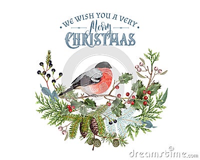 Bullfinch Christmas composition Vector Illustration