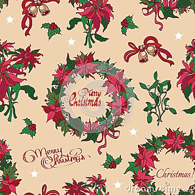 Vector Vintage Christmas Flowers Bells Seamless Vector Illustration