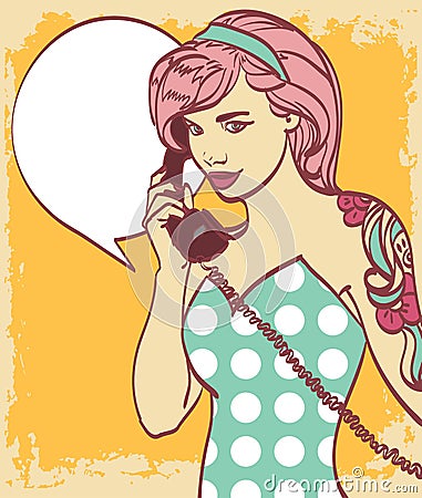 Vector vintage colorful art of very beautiful subculture punk, hipster woman with phone, pin up, pop art illustration in Vector Illustration