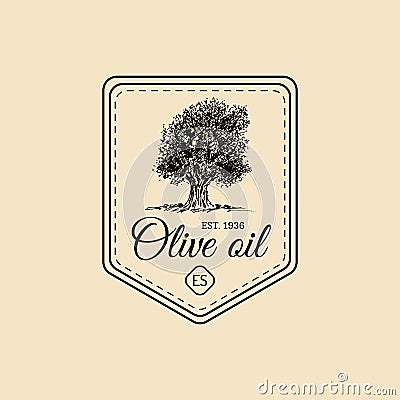 Vector vintage extra virgin olive oil logo. Retro emblem with tree. Hand sketched rural farm production sign. Vector Illustration