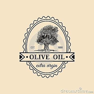 Vector vintage extra virgin olive oil logo. Retro emblem with tree. Hand sketched rural farm production sign. Vector Illustration