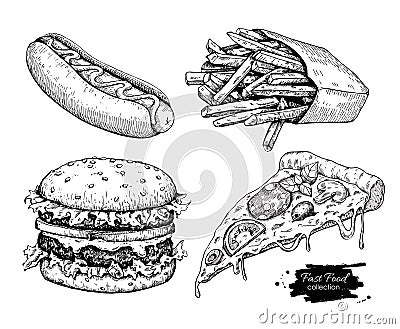 Vector vintage fast food drawing set. Vector Illustration