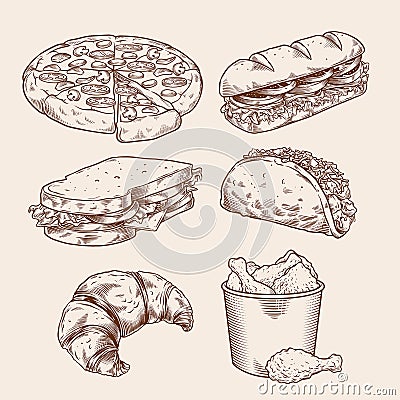 Vintage fast food hand drawing set Vector Illustration