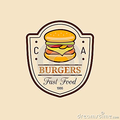 Vector vintage fast food logo. Burge sign. Bistro icon. Eatery emblem for street restaurant, cafe, bar menu design. Vector Illustration