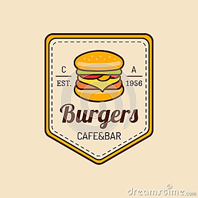 Vector vintage fast food logo. Burge sign. Bistro icon. Eatery emblem for street restaurant, cafe, bar menu design. Vector Illustration