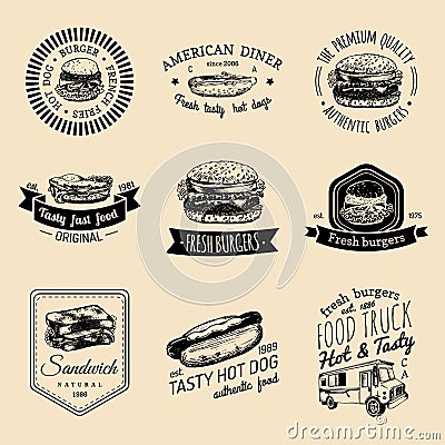 Vector vintage fast food logo set. Retro quick meal signs collection. Bistro, snack bar, street restaurant, diner icons. Vector Illustration