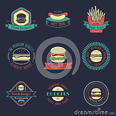 Vector vintage fast food logos set. Burgers, hot dogs, sandwiches illustrations. Snack bar, street restaurant icons. Vector Illustration