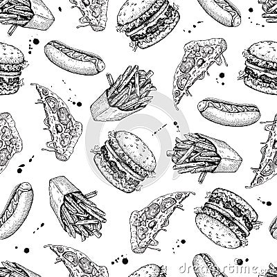 Vector vintage fast food seamless pattern. Hand drawn monochrome Vector Illustration