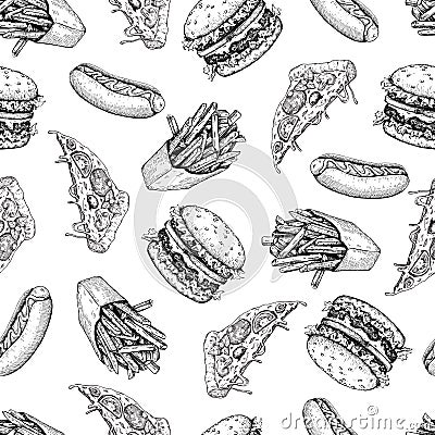 Vector vintage fast food seamless pattern. Hand drawn monochrome Vector Illustration