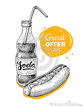 Vector vintage fast food special offer. Hand drawn monochrome ju Vector Illustration