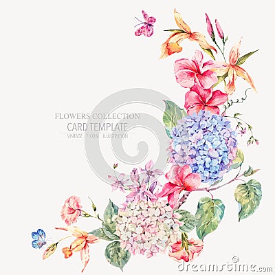 Vector vintage floral greeting card with hydrangeas, orchids Vector Illustration