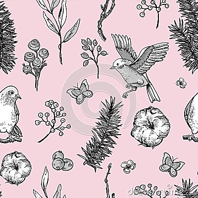 Vector vintage floral spring seamless pattern with birds, fir branches, cotton, flowers and butterflies Cartoon Illustration