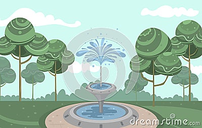 Vector vintage garden with beautiful fountain and squirting water Vector Illustration