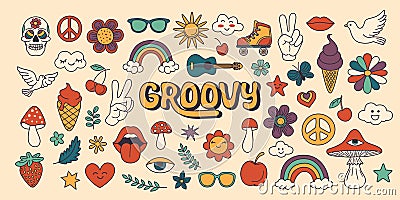 Vector Vintage Groovy Icons and Design Elements for Poster, Sticker Design. Retro Symbol in Hippie 70s Style Stock Photo
