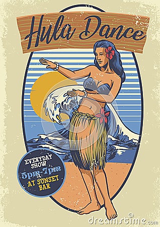 Vintage Hawaiian girl hula dance Vector Illustration