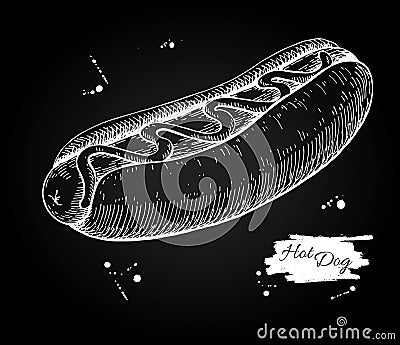 Vector vintage hot dog chalkboard drawing. Hand drawn monochrome Vector Illustration