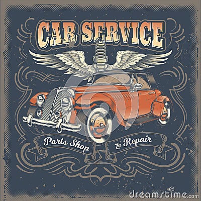 Vector vintage illustration, poster with of red retro car Vector Illustration