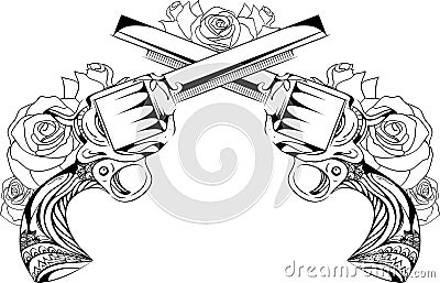 Vector vintage illustration of two revolvers with roses Vector Illustration