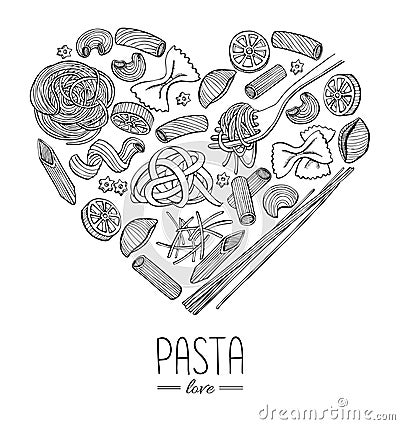 Vector vintage italian pasta restaurant illustration in heart sh Vector Illustration