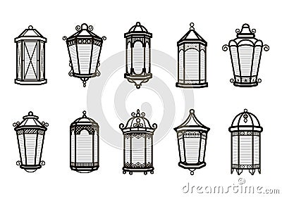 Vector vintage lantern set isolated on white. Classic antique light. Ancient retro lamp design. Traditional silhouette Vector Illustration