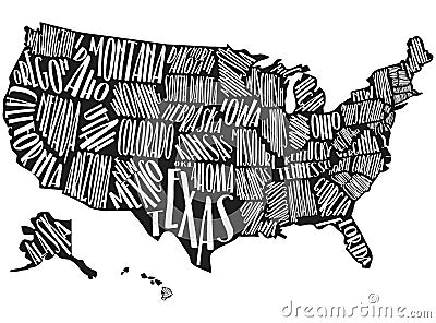 Vector vintage map of the United States of America. Illustration with lettering USA state names. US state contour on a black Stock Photo