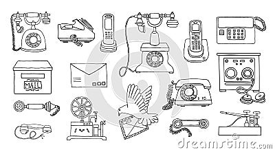 Vector vintage means of communication line drawing set. Retro black and white collection of wired rotary dial telephone, radio Vector Illustration