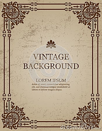 Vector vintage old paper background with royal pattern frame as a template to create book covers. Vector Illustration