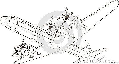 Vector vintage passenger airplane, vector art, monogram, isolated, hand drawing, 4 engine, propeller Vector Illustration